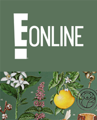 E! Online logo with botanical illustrations.