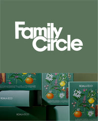 Family Circle cover above Koala Eco gift boxes with botanical designs.