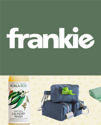Frankie logo above Koala Eco laundry wash and blue pouches.