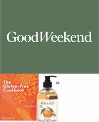 Good Weekend masthead above a cookbook and Koala Eco hand wash.
