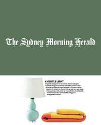 Green lamp and orange sleeping bag on a white background.